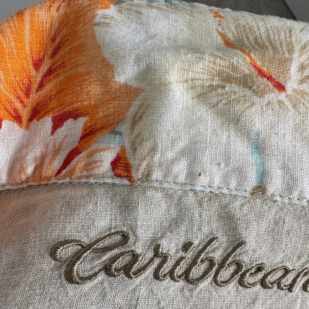 Caribbean Men’s Linen Hawaiian Shirt Large Aqua Blue Floral Tropical Camp - Picture 5 of 10